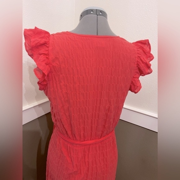 A New Day Faux Wrap Dress Sz Small Coral Ruffle Sleeve PINK Midi Textured Lined - Picture 3 of 12
